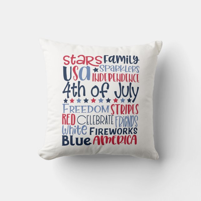 4th of July Red White Blue Modern Typography Throw Pillow (Front)