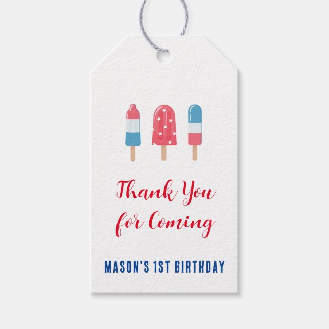 4th of July Red White Blue Popscile Birthday Party Gift Tags (Front)