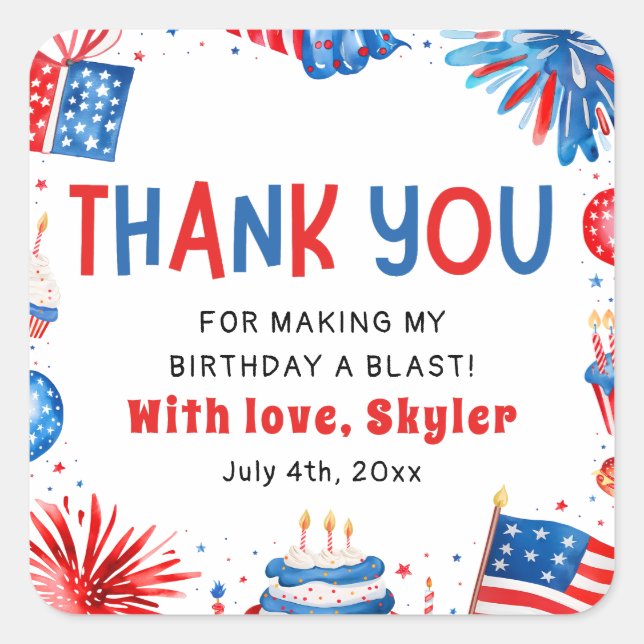 4th of July Red White Blue Summer Birthday Party  Square Sticker (Front)