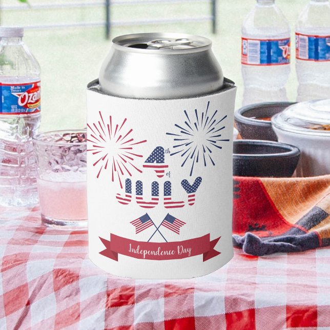 4th of July red white blue typography custom Can Cooler (Creator Uploaded)