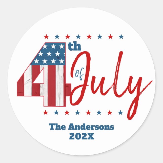4th of July Red White Blue USA Flag Modern Bold Classic Round Sticker (Front)