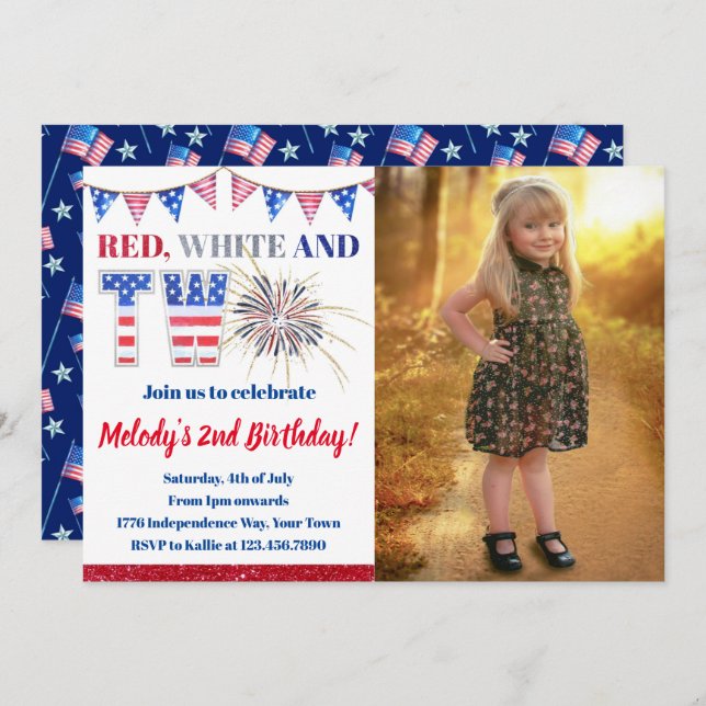 4th of July  Red White & TWO Firecracker Birthday Invitation (Front/Back)