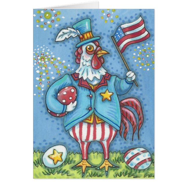 4TH OF JULY ROOSTER, CHICKEN NOTE CARD Blank (Front)