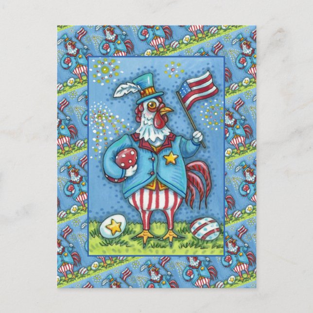 4TH OF JULY ROOSTER, FUNNY PATRIOTIC CHICKEN HOLIDAY POSTCARD (Front)