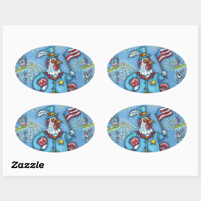 4TH OF JULY ROOSTER, FUNNY PATRIOTIC CHICKEN OVAL STICKER (Sheet)
