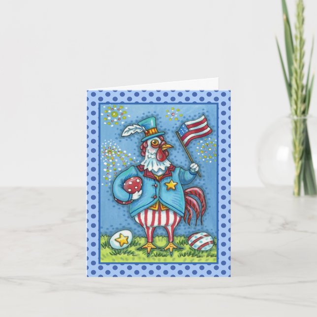 4TH OF JULY ROOSTER, FUNNY PATRIOTIC CHICKEN Verse Holiday Card (Front)