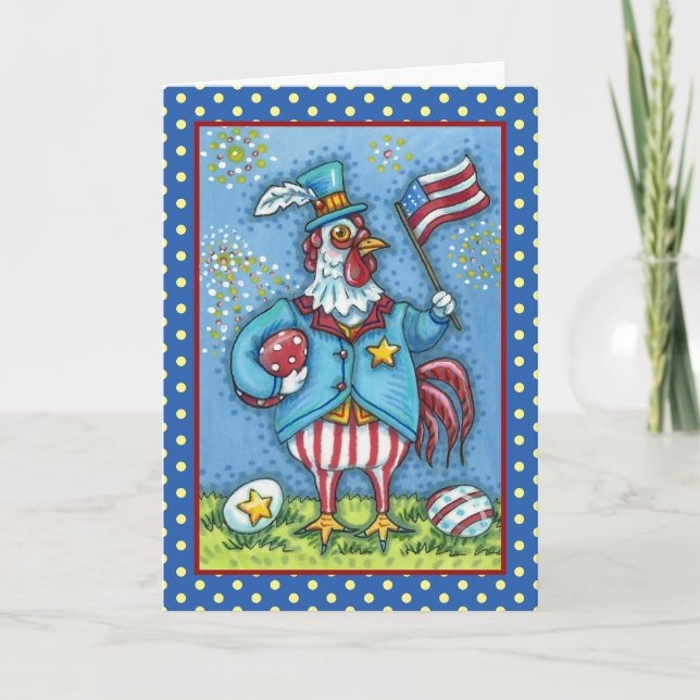 4TH OF JULY ROOSTER, FUNNY PATRIOTIC CHICKEN Verse Holiday Card (Front)