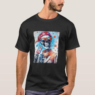 4th Of July Skeleton Popsicle Sunglasses USA Flag  T-Shirt