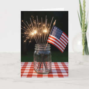 4th of July Sparklers and Flag In a Mason Jar Card