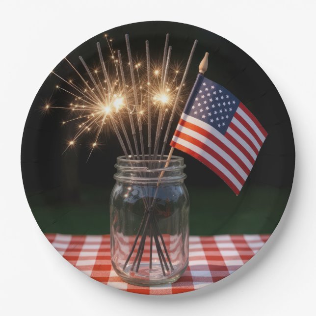 4th of July Sparklers With American Flag Paper Plate (Front)