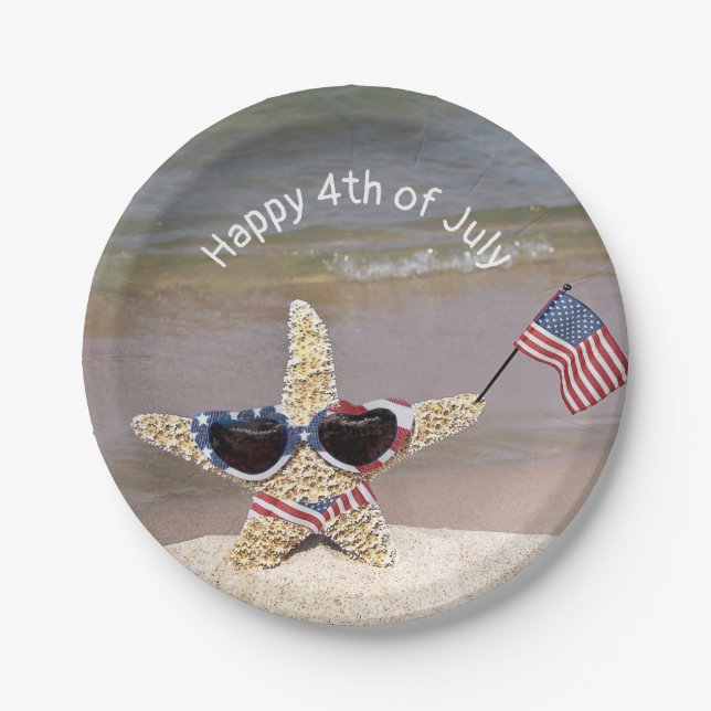 4th of July Starfish with American Flag Paper Plate (Front)