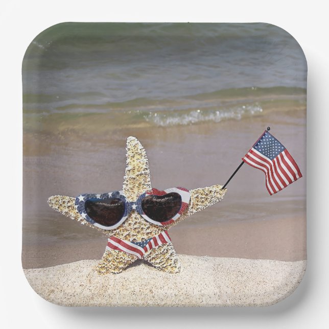 4th of July starfish with flag Paper Plate (Front)