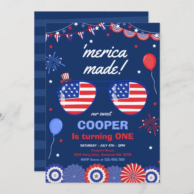 4th Of July Stars And Stripes 1st Birthday Invitation (Front/Back)