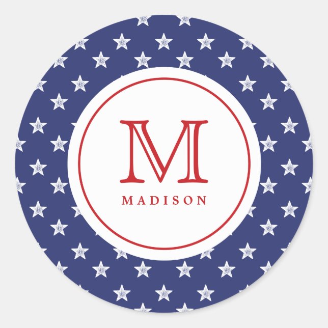 4th Of July Stars Blue Red Monogram Party Sticker (Front)