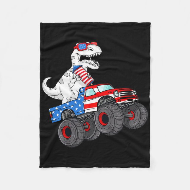 4th Of July T Rex Dino Trex Dinosaur Monster Truck Fleece Blanket (Front)