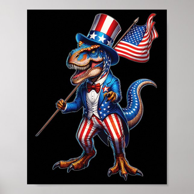 4th Of July T-rex Usa Patriotic American Flag Dino Poster (Front)