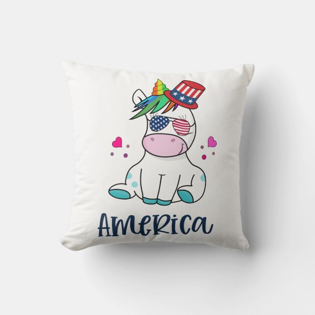 4th of July Unicorn with USA Flag Sun Glasses Throw Pillow (Front)