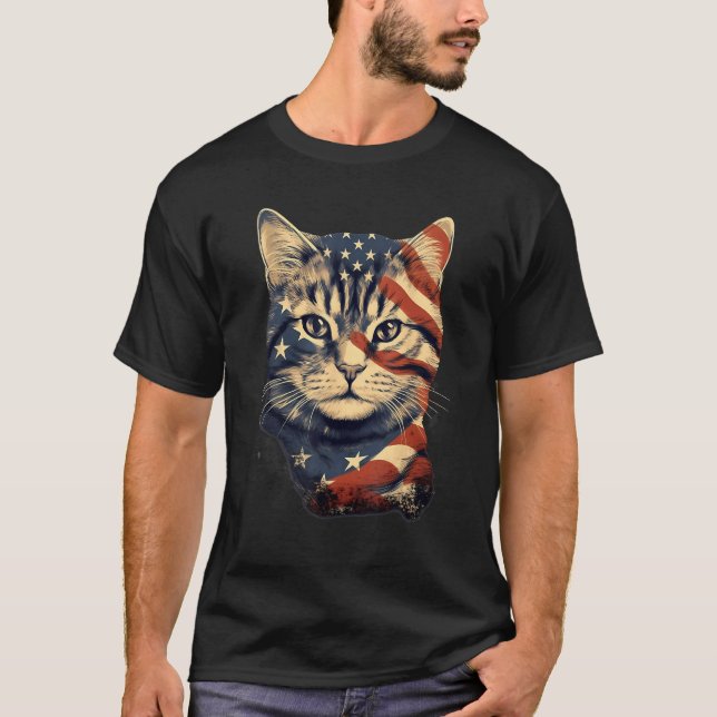 4th Of July US Flag American Shorthair Cat T-Shirt (Front)