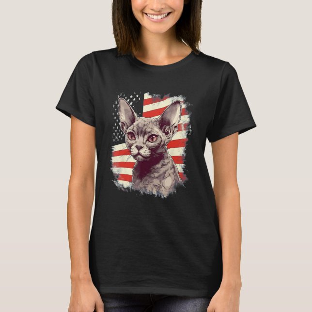 4th Of July US Flag Devon Rex Cat T-Shirt (Front)