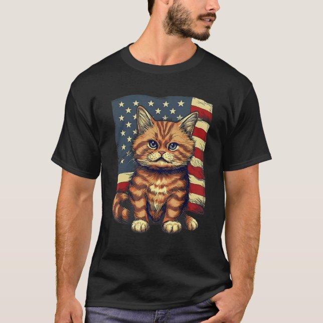 4th Of July US Flag Munchkin Cat T-Shirt (Front)