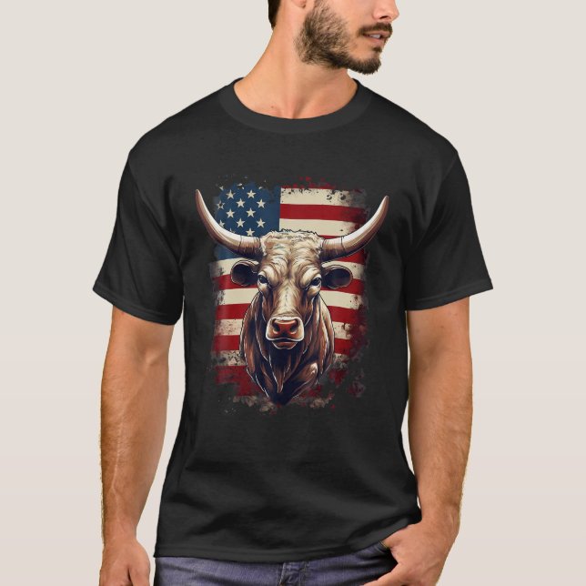 4th Of July US Flag Texas Longhorn Bull T Shirt (Front)