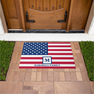 4th Of July USA American Flag Customized Monogram Doormat