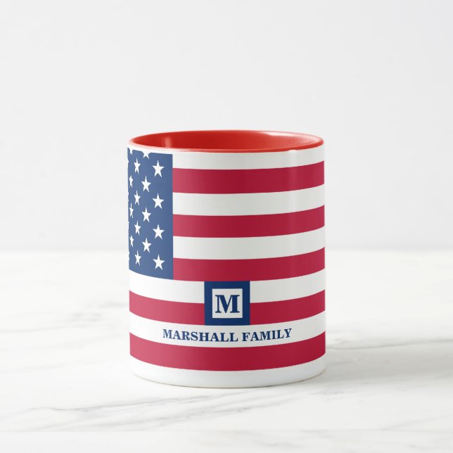 4th Of July USA American Flag Customized Monogram Mug (Center)