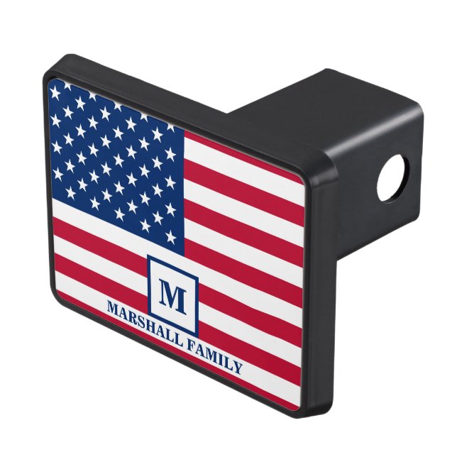 4th Of July USA American Flag Customized Monogram Trailer Hitch Cover (Top Right)