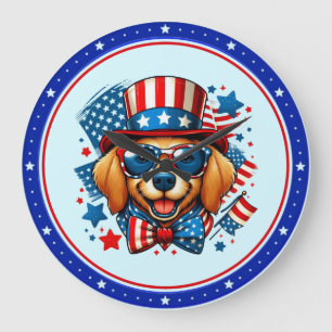 4th of July USA Patriotic Dog Independence Day Large Clock