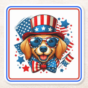 4th of July USA Patriotic Dog Independence Day Square Paper Coaster