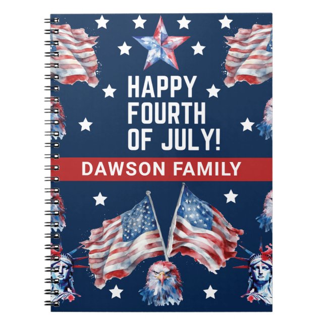 4th of July Watercolor Family Name personalized Notebook (Front)