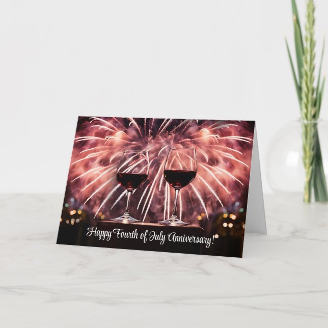 4th of July Wedding Anniversary with Wine  Holiday Card (Front)