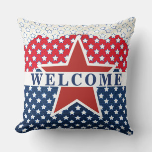 4th of July, WELCOME Red, White & Blue Throw Pillow