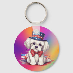 4th of July White Cute Puppy Dog-43568 Keychain