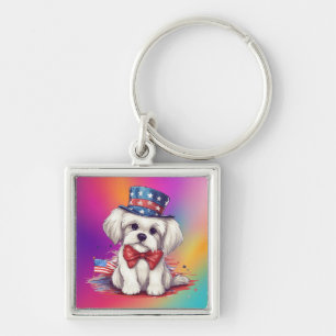 4th of July White Cute Puppy Dog-43568 Keychain