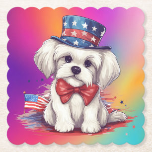4th of July White Cute Puppy Dog-43568 Paper Coaster