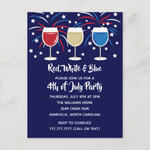 4th of July Wine Red White and Blue Party Invitation Postcard