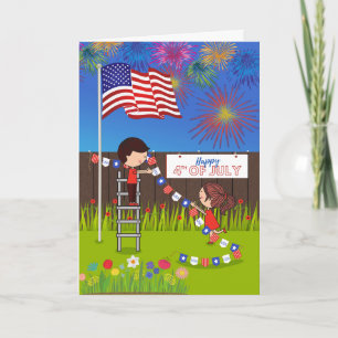 4th of July with Couple Decorating Backyard Card