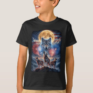4th of July Wolf Howling at Moon Fireworks USA T-Shirt