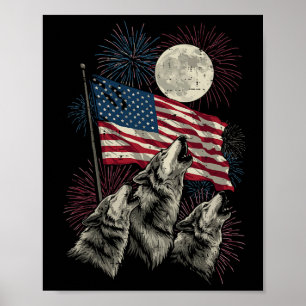 4th Of July Wolves Moon Meme Funny Usa Flag Men Wo Poster