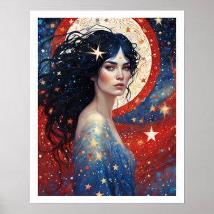 4th of July Woman in Red Fireworks Art Deco Poster