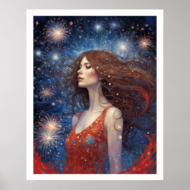 4th of July Woman in Red Fireworks Art Poster (Front)