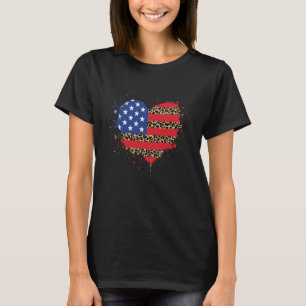 4th of July Women USA Love Heart Leopard Plaid Ame T-Shirt