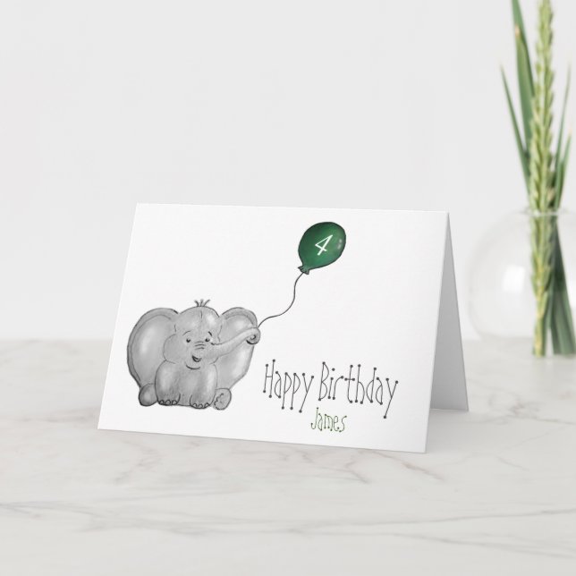 4th or any birthday elephant with green balloon card (Front)