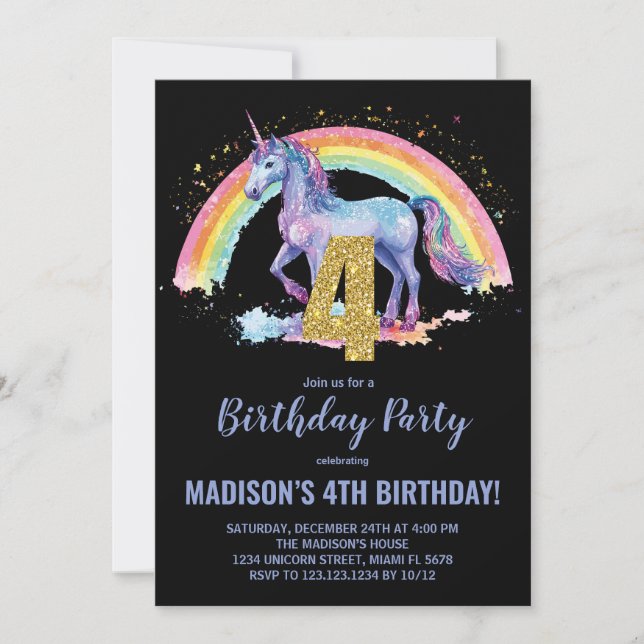 4th Rainbow Unicorn Birthday Invitations (Front)