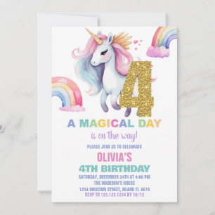 4th Rainbow Unicorn Birthday Invitations Glitter