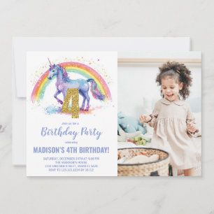 4th Rainbow Unicorn Birthday Invitations photo