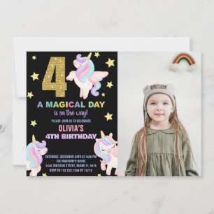 4th Rainbow Unicorn Birthday Invitations w photo