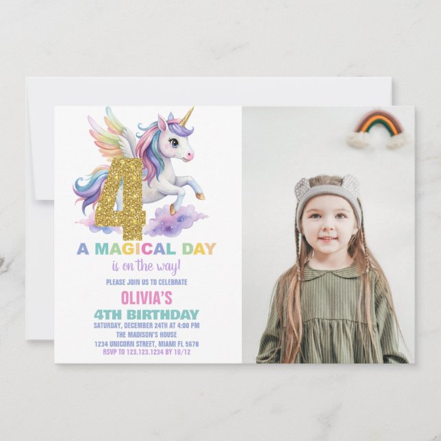4th Rainbow Unicorn Birthday Invitations w photo (Front)