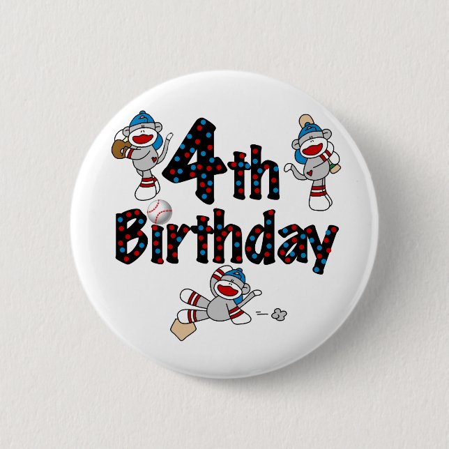4th Sock Monkey Baseball Birthday 2 Inch Round Button (Front)